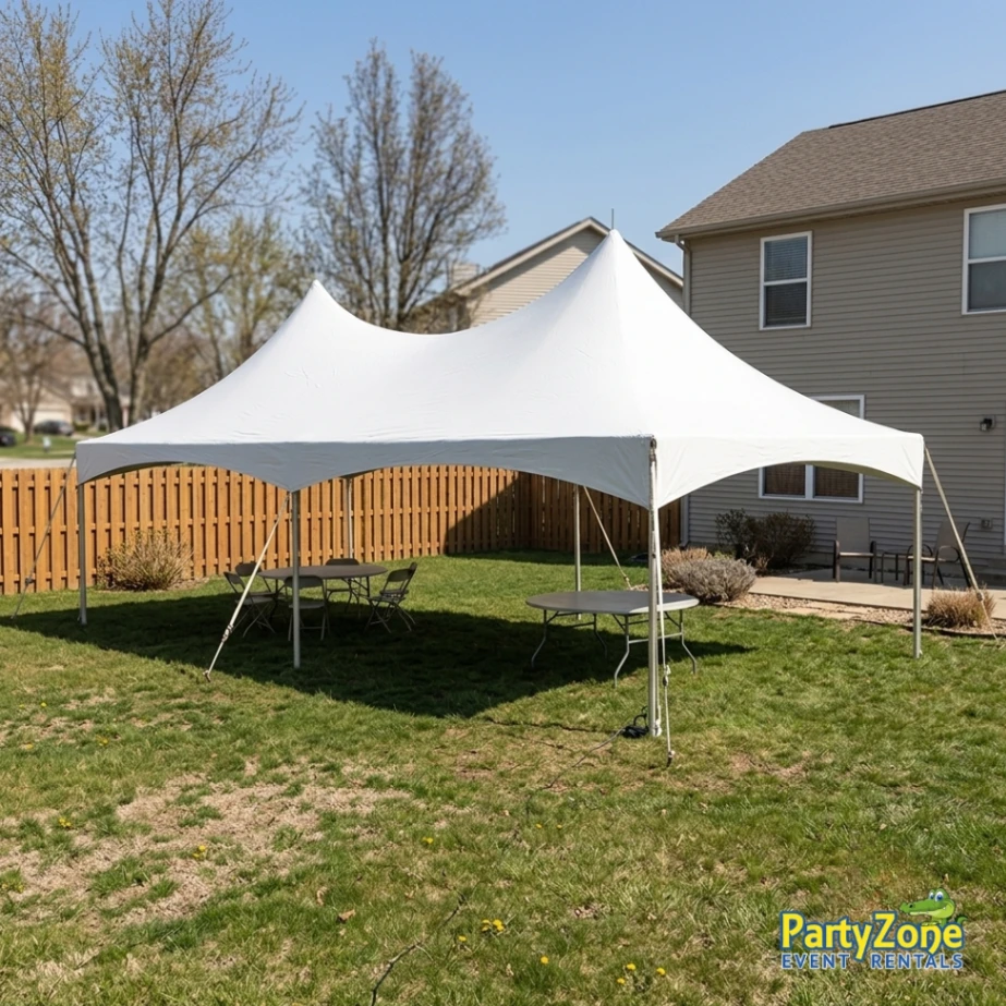 20x30 high peak frame tent rental for Marrero LA receptions and church events, seats up to 72